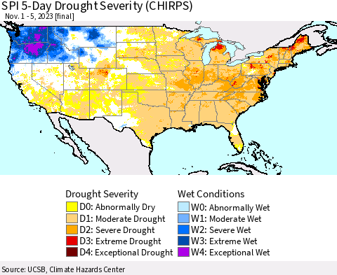 United States SPI 5-Day Drought Severity (CHIRPS) Thematic Map For 11/1/2023 - 11/5/2023