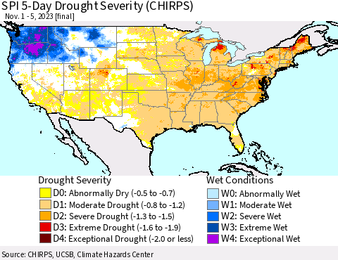 United States SPI 5-Day Drought Severity (CHIRPS) Thematic Map For 11/1/2023 - 11/5/2023