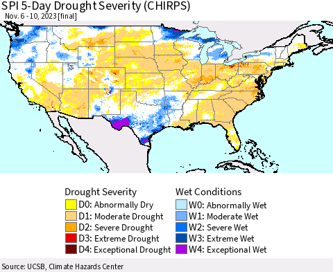 United States SPI 5-Day Drought Severity (CHIRPS) Thematic Map For 11/6/2023 - 11/10/2023