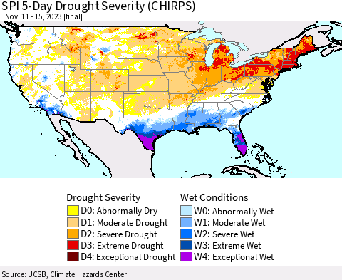 United States SPI 5-Day Drought Severity (CHIRPS) Thematic Map For 11/11/2023 - 11/15/2023