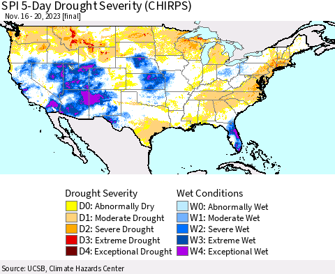 United States SPI 5-Day Drought Severity (CHIRPS) Thematic Map For 11/16/2023 - 11/20/2023