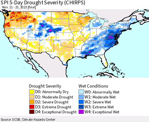 United States SPI 5-Day Drought Severity (CHIRPS) Thematic Map For 11/21/2023 - 11/25/2023