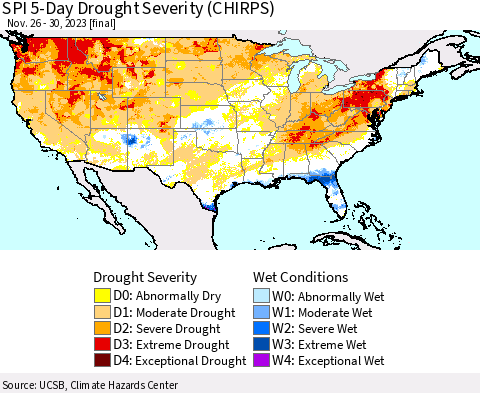 United States SPI 5-Day Drought Severity (CHIRPS) Thematic Map For 11/26/2023 - 11/30/2023