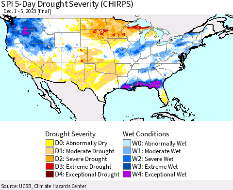 United States SPI 5-Day Drought Severity (CHIRPS) Thematic Map For 12/1/2023 - 12/5/2023
