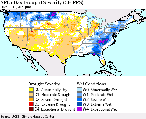 United States SPI 5-Day Drought Severity (CHIRPS) Thematic Map For 12/6/2023 - 12/10/2023