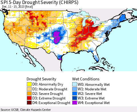 United States SPI 5-Day Drought Severity (CHIRPS) Thematic Map For 12/11/2023 - 12/15/2023