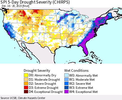 United States SPI 5-Day Drought Severity (CHIRPS) Thematic Map For 12/16/2023 - 12/20/2023