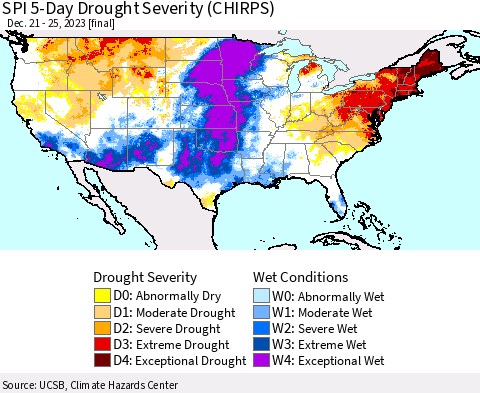 United States SPI 5-Day Drought Severity (CHIRPS) Thematic Map For 12/21/2023 - 12/25/2023