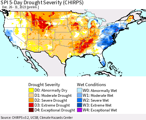 United States SPI 5-Day Drought Severity (CHIRPS) Thematic Map For 12/26/2023 - 12/31/2023