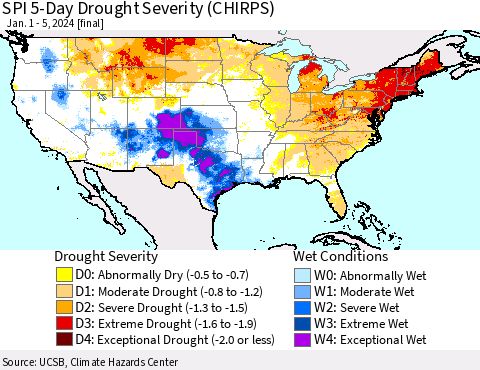 United States SPI 5-Day Drought Severity (CHIRPS) Thematic Map For 1/1/2024 - 1/5/2024
