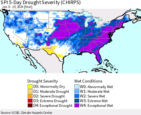 United States SPI 5-Day Drought Severity (CHIRPS) Thematic Map For 1/6/2024 - 1/10/2024