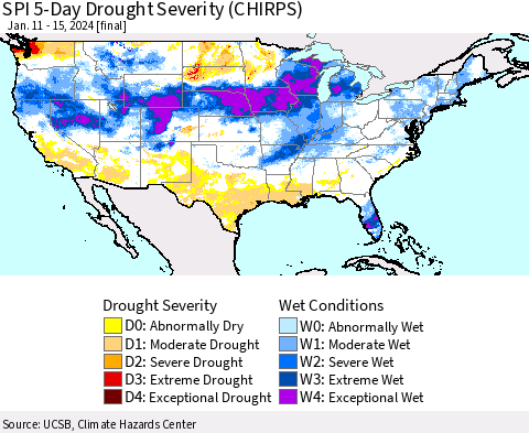 United States SPI 5-Day Drought Severity (CHIRPS) Thematic Map For 1/11/2024 - 1/15/2024