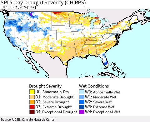 United States SPI 5-Day Drought Severity (CHIRPS) Thematic Map For 1/16/2024 - 1/20/2024