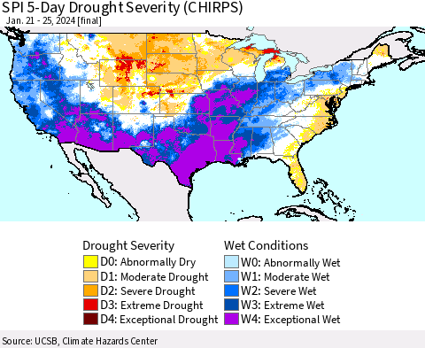 United States SPI 5-Day Drought Severity (CHIRPS) Thematic Map For 1/21/2024 - 1/25/2024