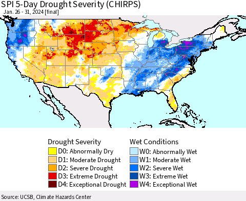 United States SPI 5-Day Drought Severity (CHIRPS) Thematic Map For 1/26/2024 - 1/31/2024