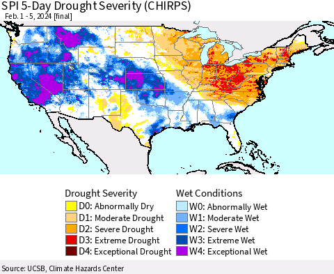 United States SPI 5-Day Drought Severity (CHIRPS) Thematic Map For 2/1/2024 - 2/5/2024