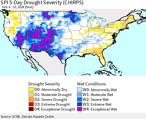 United States SPI 5-Day Drought Severity (CHIRPS) Thematic Map For 2/6/2024 - 2/10/2024