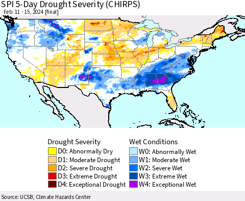 United States SPI 5-Day Drought Severity (CHIRPS) Thematic Map For 2/11/2024 - 2/15/2024