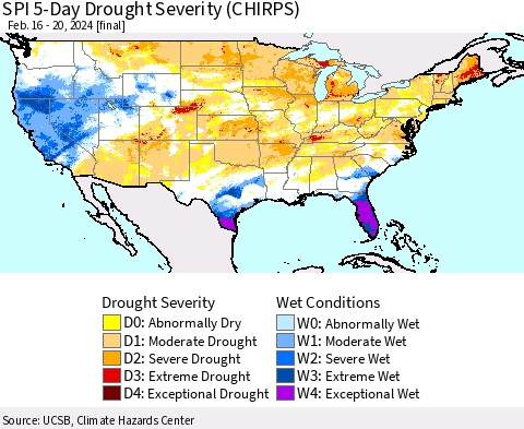 United States SPI 5-Day Drought Severity (CHIRPS) Thematic Map For 2/16/2024 - 2/20/2024