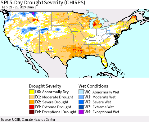 United States SPI 5-Day Drought Severity (CHIRPS) Thematic Map For 2/21/2024 - 2/25/2024