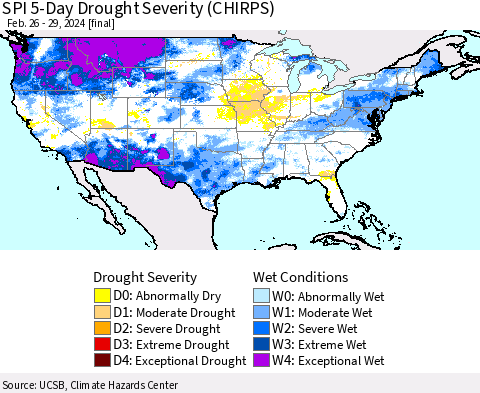 United States SPI 5-Day Drought Severity (CHIRPS) Thematic Map For 2/26/2024 - 2/29/2024