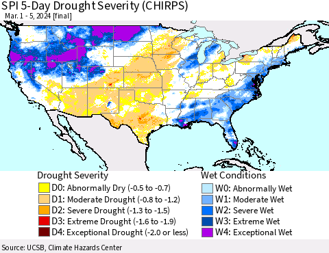 United States SPI 5-Day Drought Severity (CHIRPS) Thematic Map For 3/1/2024 - 3/5/2024