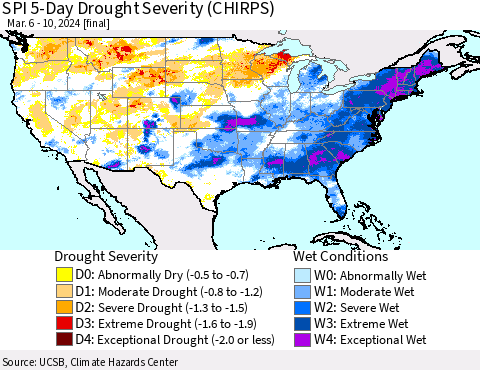 United States SPI 5-Day Drought Severity (CHIRPS) Thematic Map For 3/6/2024 - 3/10/2024