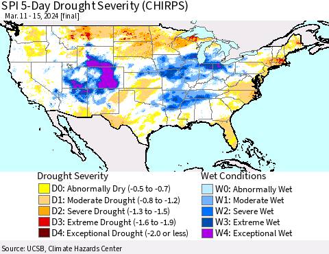 United States SPI 5-Day Drought Severity (CHIRPS) Thematic Map For 3/11/2024 - 3/15/2024