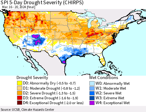 United States SPI 5-Day Drought Severity (CHIRPS) Thematic Map For 3/16/2024 - 3/20/2024