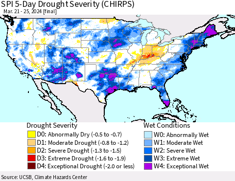 United States SPI 5-Day Drought Severity (CHIRPS) Thematic Map For 3/21/2024 - 3/25/2024