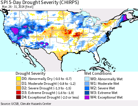 United States SPI 5-Day Drought Severity (CHIRPS) Thematic Map For 3/26/2024 - 3/31/2024