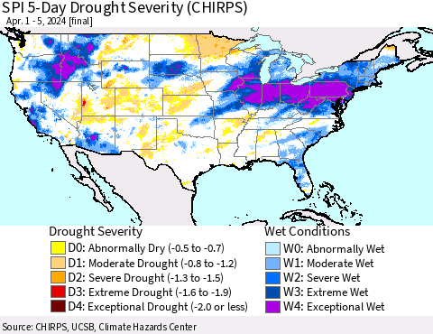 United States SPI 5-Day Drought Severity (CHIRPS) Thematic Map For 4/1/2024 - 4/5/2024