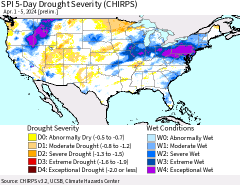 United States SPI 5-Day Drought Severity (CHIRPS) Thematic Map For 4/1/2024 - 4/5/2024