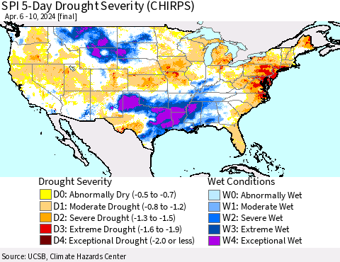 United States SPI 5-Day Drought Severity (CHIRPS) Thematic Map For 4/6/2024 - 4/10/2024