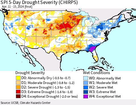 United States SPI 5-Day Drought Severity (CHIRPS) Thematic Map For 4/11/2024 - 4/15/2024