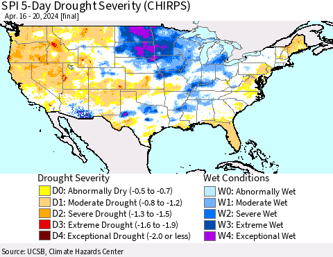 United States SPI 5-Day Drought Severity (CHIRPS) Thematic Map For 4/16/2024 - 4/20/2024
