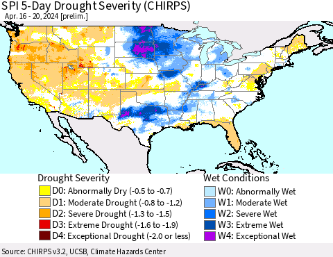 United States SPI 5-Day Drought Severity (CHIRPS) Thematic Map For 4/16/2024 - 4/20/2024