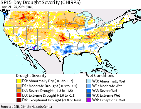 United States SPI 5-Day Drought Severity (CHIRPS) Thematic Map For 4/21/2024 - 4/25/2024