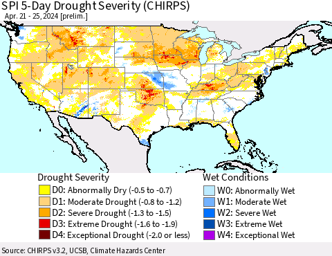 United States SPI 5-Day Drought Severity (CHIRPS) Thematic Map For 4/21/2024 - 4/25/2024