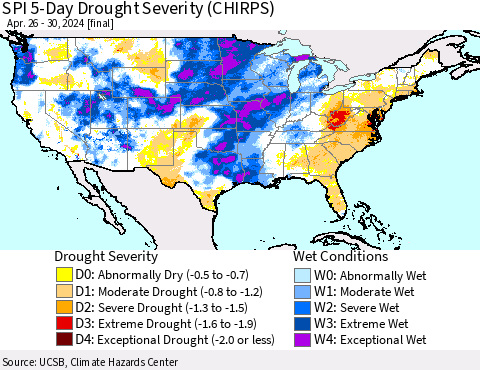 United States SPI 5-Day Drought Severity (CHIRPS) Thematic Map For 4/26/2024 - 4/30/2024