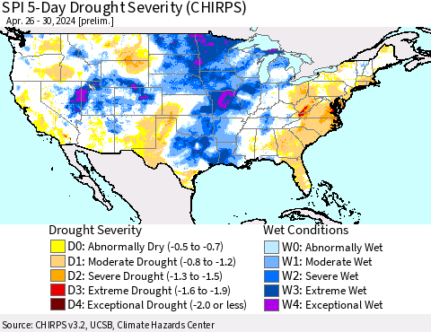 United States SPI 5-Day Drought Severity (CHIRPS) Thematic Map For 4/26/2024 - 4/30/2024
