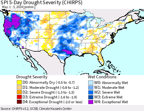 United States SPI 5-Day Drought Severity (CHIRPS) Thematic Map For 5/1/2024 - 5/5/2024
