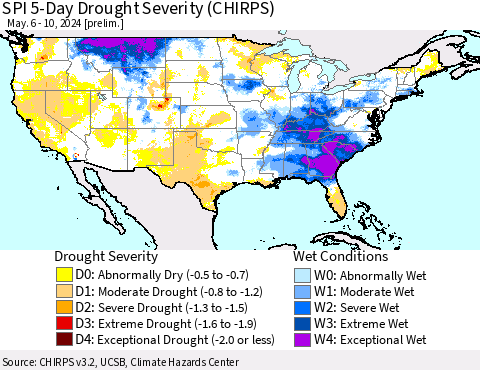 United States SPI 5-Day Drought Severity (CHIRPS) Thematic Map For 5/6/2024 - 5/10/2024