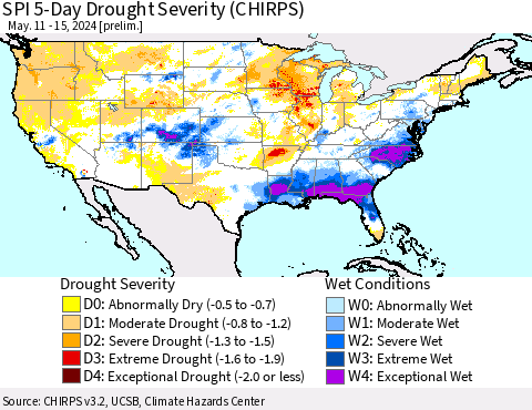 United States SPI 5-Day Drought Severity (CHIRPS) Thematic Map For 5/11/2024 - 5/15/2024