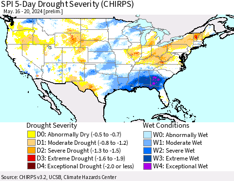 United States SPI 5-Day Drought Severity (CHIRPS) Thematic Map For 5/16/2024 - 5/20/2024