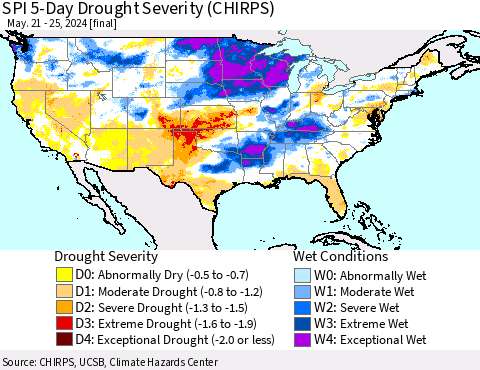 United States SPI 5-Day Drought Severity (CHIRPS) Thematic Map For 5/21/2024 - 5/25/2024