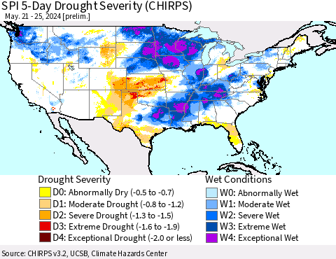 United States SPI 5-Day Drought Severity (CHIRPS) Thematic Map For 5/21/2024 - 5/25/2024