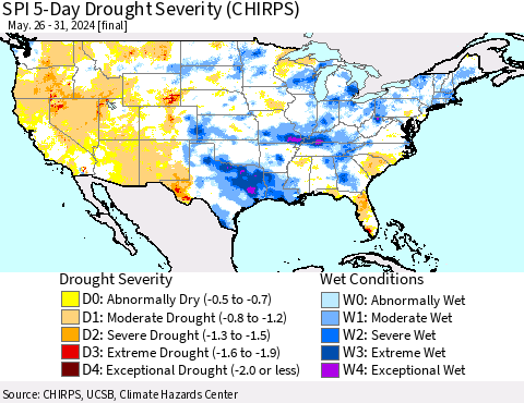 United States SPI 5-Day Drought Severity (CHIRPS) Thematic Map For 5/26/2024 - 5/31/2024