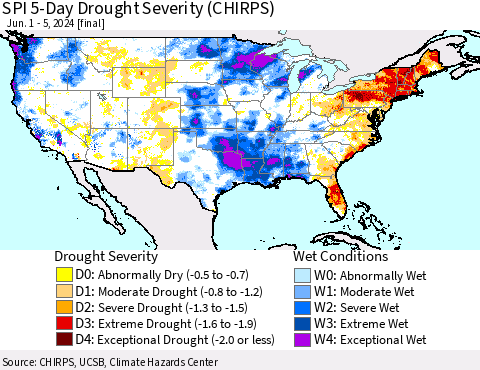 United States SPI 5-Day Drought Severity (CHIRPS) Thematic Map For 6/1/2024 - 6/5/2024