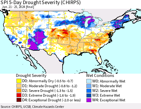 United States SPI 5-Day Drought Severity (CHIRPS) Thematic Map For 6/21/2024 - 6/25/2024